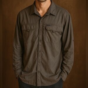 Men’s Gray Columbia Omni-Shade Sun Protection Long Sleeve Button Down Shirt Lrg